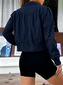 SHEIN EZwear 女款立領修身短版夾克 秋冬款 - 藏蓝色 - 查看 2