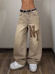 StreetHx Y2K Streetwear 2000s Grunge Vintage Washed Distressed Denim Wide Leg Pants NY Letter Patch Graphic Print Casual Going Out Brown Summer - Khaki - View 2