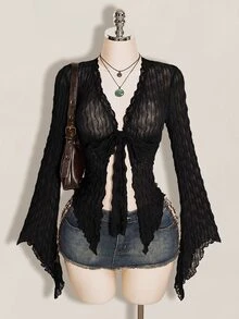 SHEIN ICON Y2K 棕色秋季不對稱下擺喇叭袖復古植絨網紗透視前開襟女款上衣 - 黑色 - 查看 1