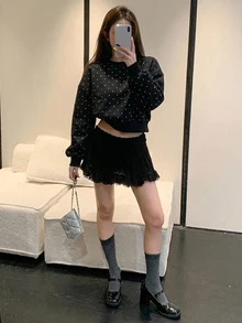 DAZY Women's Polka Dot Print Crew Neck Drop Shoulder Long Sleeve Sweatshirt Fall - Black - View 8