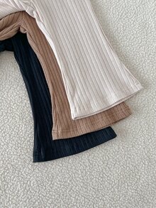 SHEIN 3件組女嬰0-3歲棕色米色黑色愛心印花羅紋針織喇叭褲，柔軟高彈性秋季校園風，百搭日常穿著 - 彩色 - 查看 7
