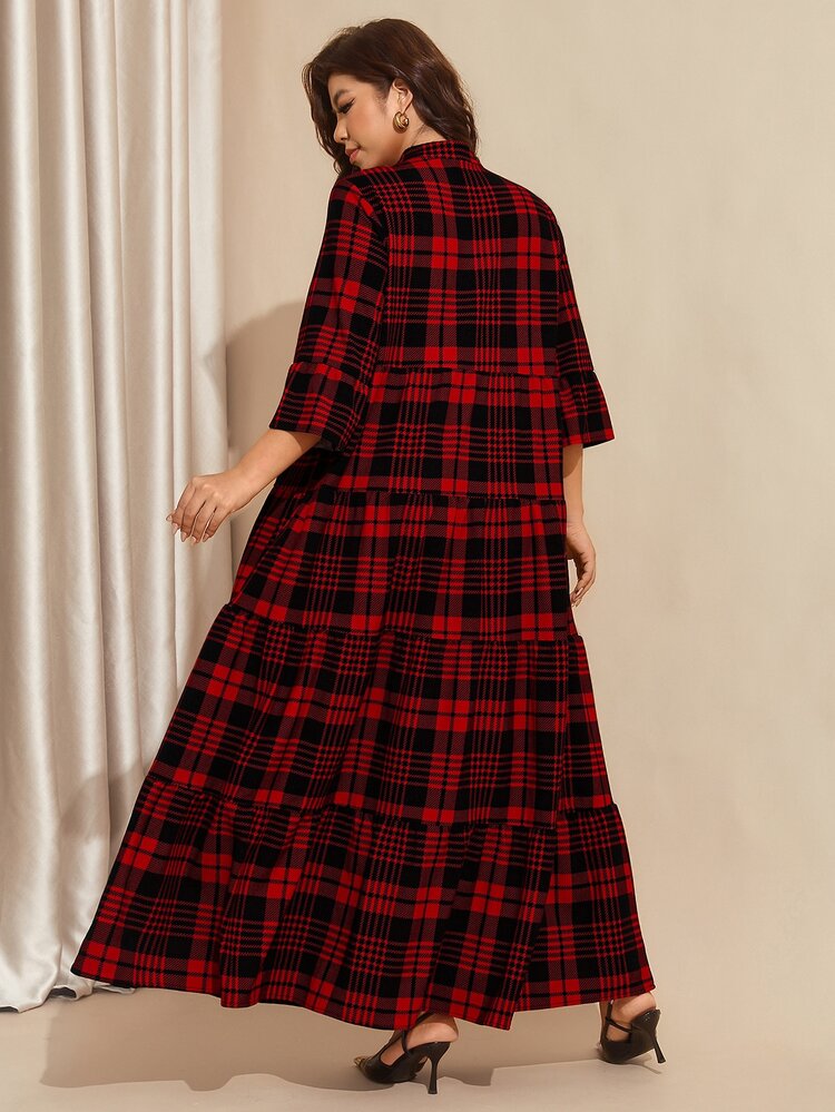 Comfylo Christmas Plaid Patchwork Tiered Maxi Skirt Plus Size - Red - View 8