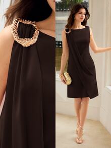 MOTF PREMIUM WOMEN BLACK BUCKLE METAL SHOULDER SLEEVELESS MIDI DRESS - Dark Brown - View 1