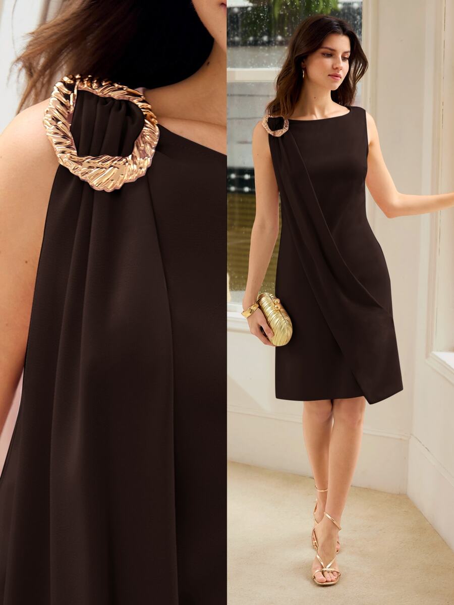 MOTF PREMIUM WOMEN BLACK BUCKLE METAL SHOULDER SLEEVELESS MIDI DRESS - Dark Brown - View 1
