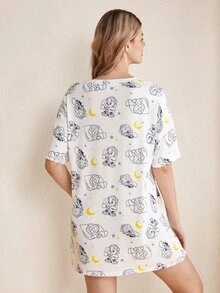 LOONEY TUNES X SHEIN Set Piyama Atasan dan Celana Pendek Motif Kartun untuk Wanita - Putih - View 2
