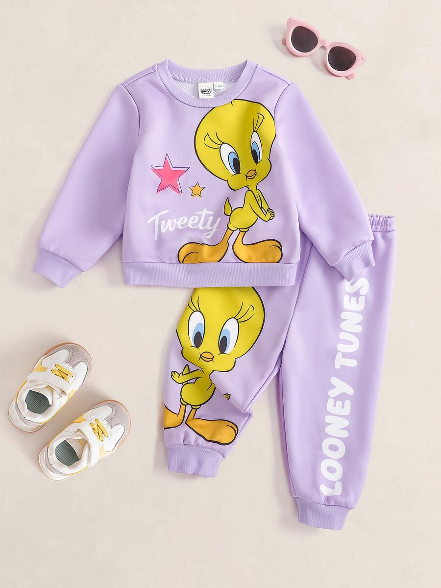 LOONEY TUNES X SHEIN Baby Girl Cartoon Print Sweatshirt & Sweatpants Set - Purple - View 1