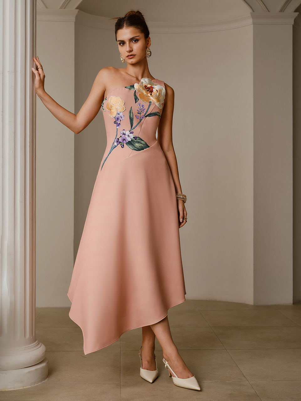 ZEYLAH ONE SHOULDER FLORAL EMBROIDERED CINCHED WAIST ASYMMETRICAL HEM DRESS