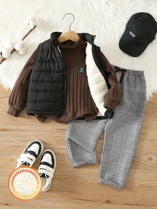 SHEIN 兒童小男孩彩色條紋圓領長袖套頭運動衫，彈性腰長秋季長褲，3件套，百搭舒適 - 彩色 - 查看 3