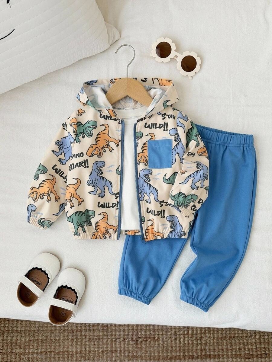SHEIN Baby Boy Cartoon Dinosaur Pattern Colorblock Hooded Long Sleeve Jacket And Elastic Waist Long Pants 2 Pieces Set, Versatile And Comfortable - Multicolor - View 1