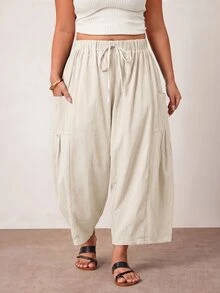 Enliva Plus Size Loose Fit Drawstring Casual Cropped Pants Fall - Apricot - View 5