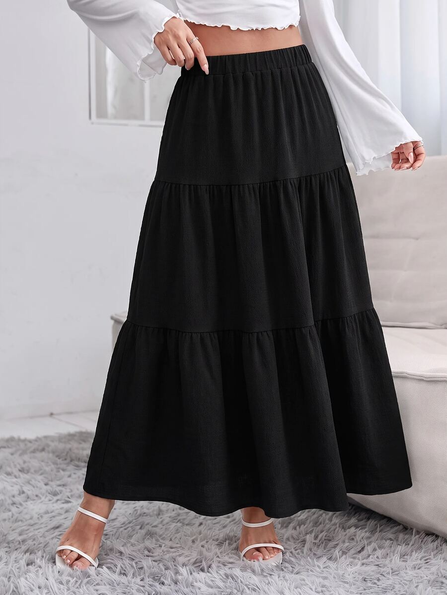 SHEIN PETITE 女款純色鬆緊腰褶邊休閒裙 - 黑色 - 查看 1