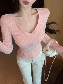 DAZY 女款休閒百搭純色修身T恤，秋冬度假款 - 粉色 - 查看 7