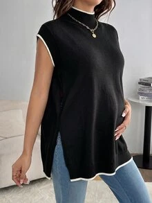 SHEIN 孕婦秋冬休閒拼接飾邊側開衩針織背心 - 黑與白 - 查看 1
