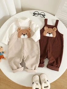 SHEIN 男嬰卡通熊圖案吊帶褲與長褲2件套，百搭舒適 - 彩色 - 查看 3