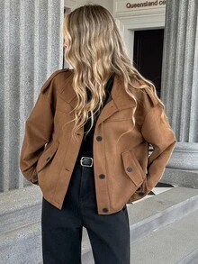 Pariaura Jaket Wanita Kasual untuk Perjalanan Sehari-hari, Longgar, Nyaman, Kerah Tegak, Bahan Suede Fleece, Lengan Panjang, Bahu Jatuh, Model Serbaguna - Coffee Brown - View 1
