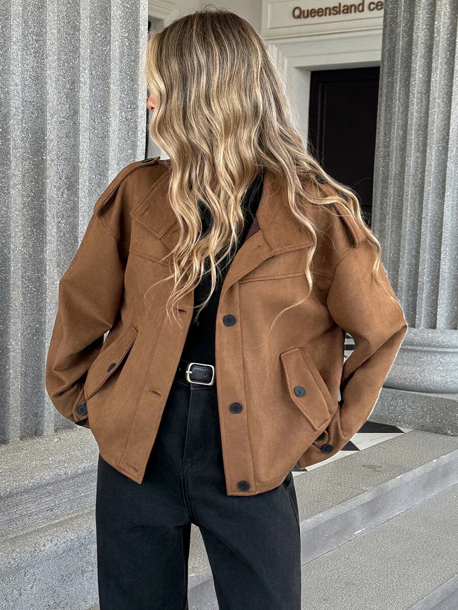 Pariaura Jaket Wanita Kasual untuk Perjalanan Sehari-hari, Longgar, Nyaman, Kerah Tegak, Bahan Suede Fleece, Lengan Panjang, Bahu Jatuh, Model Serbaguna - Coffee Brown - View 1