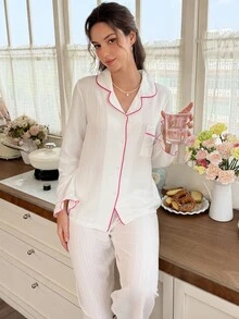 Snug Reverie Fresh Pure White Pleated Texture 2 Pieces Pajama Set, Ruffle Cuff Detail, Comfortable Loose Slouchy Loungewear - Beige - View 5