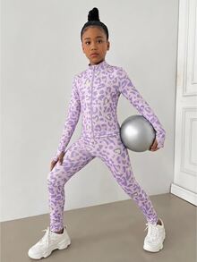 Kids Tween Girl Purple Leopard Print Knit Fitted Sports Set, Front Long Sleeve Jacket + Pants 2-Piece Set, Casual Comfortable Versatile Daily Wear - Purple - View 1