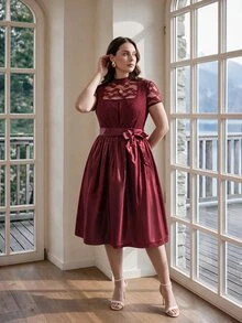 Fairmaia German Traditional Plus Size Women's Lace Patchwork Dress - Burgundy - View 3