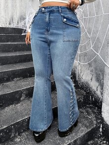 Jeanoix Plus Size Women's Casual Daily Denim Flare Pants With Pockets And Buttons - Blue - View 4