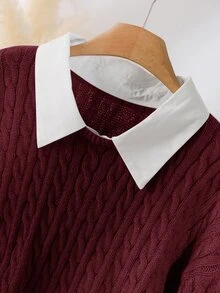 CosyJoli 大尺碼秋冬休閒 90年代 80年代配色拼接毛衣 正式酒紅色 - 酒紅色 - 查看 6
