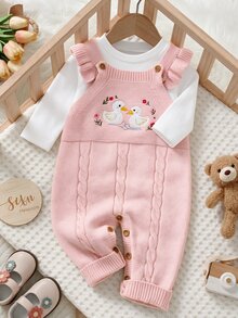 SHEIN 女嬰刺繡可愛毛衣連身爬行衣 - 粉色 - 查看 1