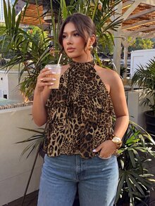 Firerie Plus Size Women's Leopard Print Multi-Layer Ruffle Halter Neck Fashion Blouse - Multicolor - View 1