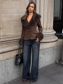 Aloruh Jaket Bulu Imitasi Wanita Lengan Panjang Slim Fit Warna Kopi Elegan - Coffee Brown - View 5