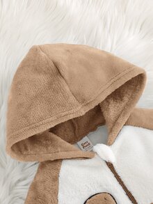 Cozy Pixies 男嬰卡通恐龍圖案保暖內裡拼接色連帽長袖連身衣，秋冬款，百搭舒適 - 卡其色 - 查看 3