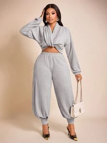 Brilight Grey Ribbed Knit 2 Pieces Loungewear Set V Neck Long Top High Waist Jogger Pants For Daily Lounge Str - Grey - View 10
