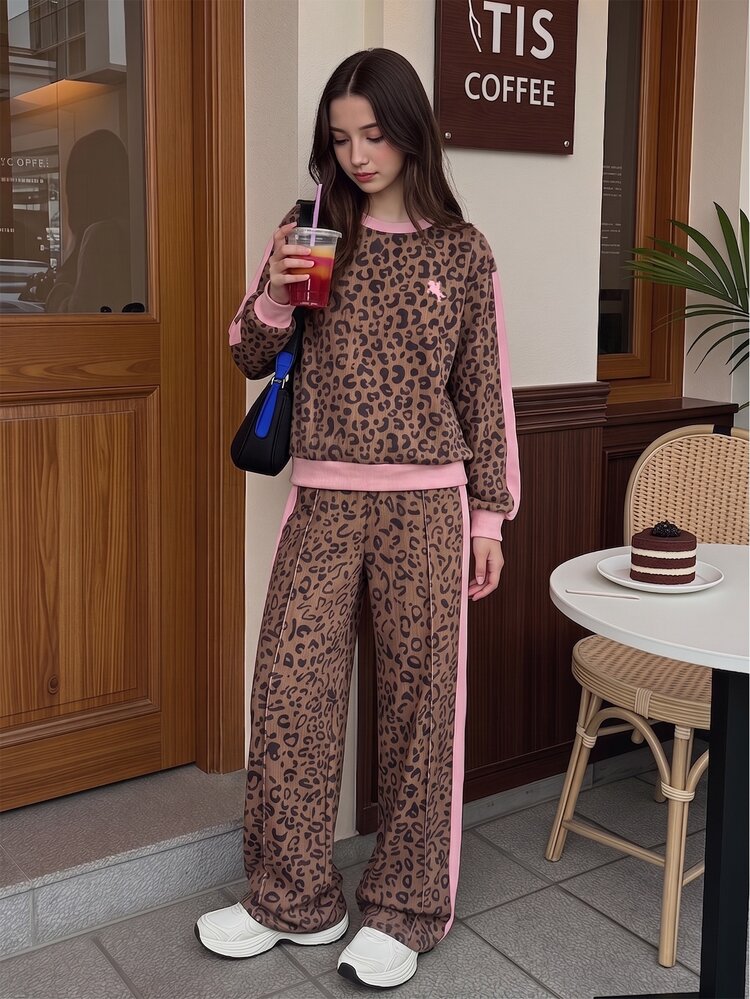 Vintage Fashion Brown Leopard Print & Pink Striped Colorblock Women's Casual Crew Neck Long Sleeve Sweatshirt & Leggings 2-Piece Set, New Arrival For - Multicolor - View 6