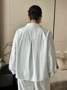 Dazy Plus Old Money Striped Loose Collar Shirt, Spring/Autumn New Casual Long Sleeve Blouse - White - View 2