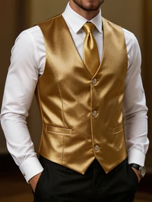 Manfinity AFTRDRK Men's Luxurious Party Gold Single-Breasted Suit Vest, The Perfect Gift For Holidays - Gold - View 5
