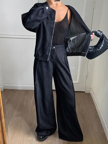 Livesso Tall Women's Round Neck Denim Jacket And Loose Straight Leg Pants Casual Denim Set Fall Everyday Dark Blue - Dark Wash - View 2
