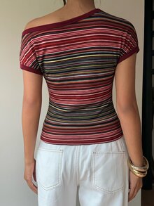 Aloruh Women's Summer Casual Striped Asymmetric Collar T-Shirt - Multicolor - View 4