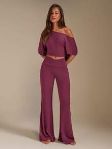Athîral Women's Solid Color Asymmetric Collar Top & Pants Loungewear Set - Pink - View 7