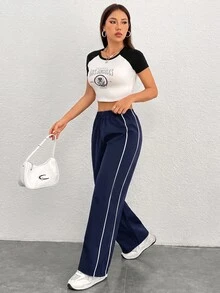 SHEIN PETITE 女款彈性腰寬鬆直筒休閒長褲，側面對比色設計 - 藏蓝色 - 查看 7