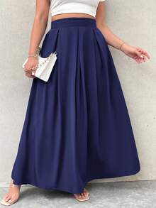 Firerie 女款大尺碼灰色超高腰長款百褶A字裙，附口袋與鬆緊腰，返校季 - 藏蓝色 - 查看 4