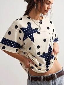 Bohemela Women's Polka Dot Print Star Patchwork T-Shirt - Multicolor - View 3