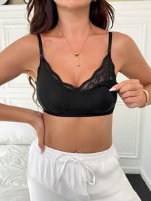 Moonlight&Mama 1pc Lace Patchwork Wire-Free Comfortable Detachable Nursing Bra - Black - View 1