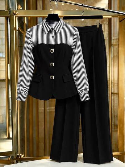 GlowEve CURVE Plus Size Women's New Striped Patchwork Lapel Metal Button Long Sleeve Shirt And Trousers 2-Piece Set, Minimalist Elegant Versatile Office Outfit, Spring/Autumn