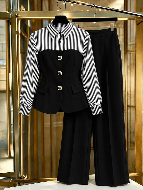 GlowEve CURVE Plus Size Women's New Striped Patchwork Lapel Metal Button Long Sleeve Shirt And Trousers 2-Piece Set, Minimalist Elegant Versatile Office Outfit, Spring/Autumn