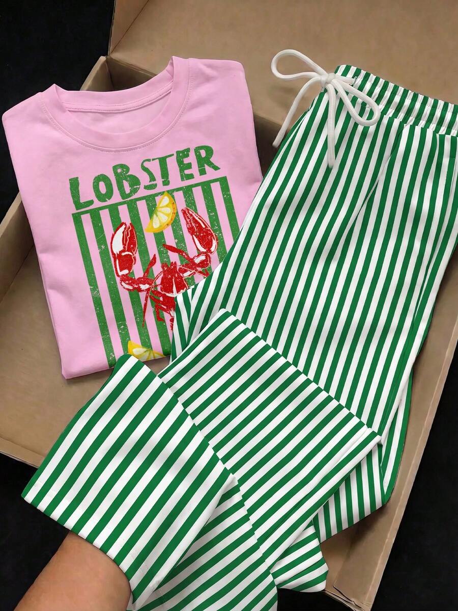SHEIN Tween Girls Autumn/Winter Casual 2-Piece Set, Crew Neck Long Sleeve Lobster & Lemon Print Fitted Top And Striped Print Long Pants, Daily Wear - Pink - View 1