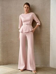 MOTF PREMIUM FASHIONABLE ELEGANT SLIMMING WAIST TOP WITH ASYMMETRICAL HEM AND EXQUISITE WOMEN'S COMMUTER LONG PANTS TWO PIECES SET - Pink - View 3