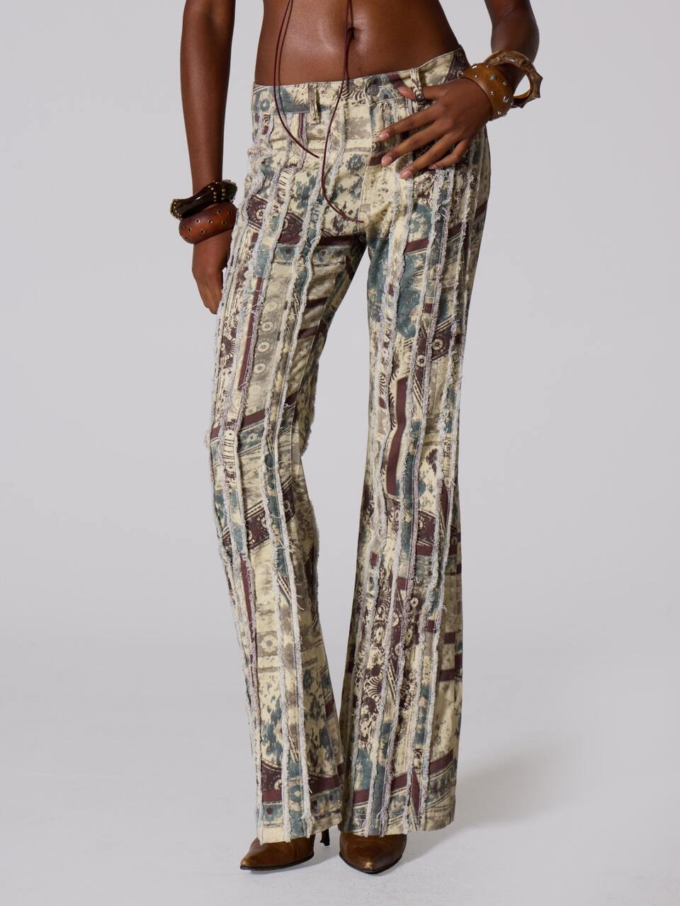 Multi Print Denim Distressed Flared Low Rise Jeans