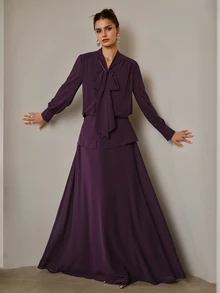 ZEYLAH Women's Solid Color Long Sleeve Top And Skirt Set - Purple - View 4