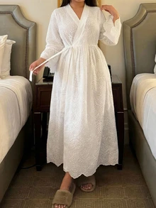 Dazy Plus Elegant Tie V-Neck Flared Sleeve Long White Loungewear Robe - White - View 4