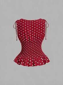 SHEIN MOD Conjunto de Top de Tirantes con Cintura Fruncida y Plisada y Falda de Sirena con Lunares - Rojo - Ver 7