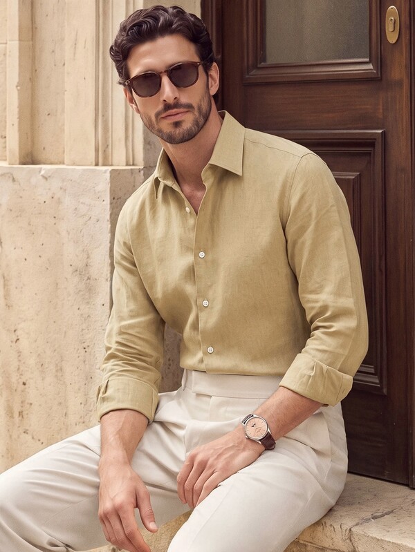 Suiteron Men's Old Money Style Long Sleeve Shirt, Green Long Sleeve Top, Casual Daily Commute Outfit