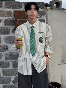 DAZY 春秋長袖學院風字母印花綠色與白色條紋襯衫，附綠色條紋領帶，通勤男士襯衫 - 綠色 - 查看 7